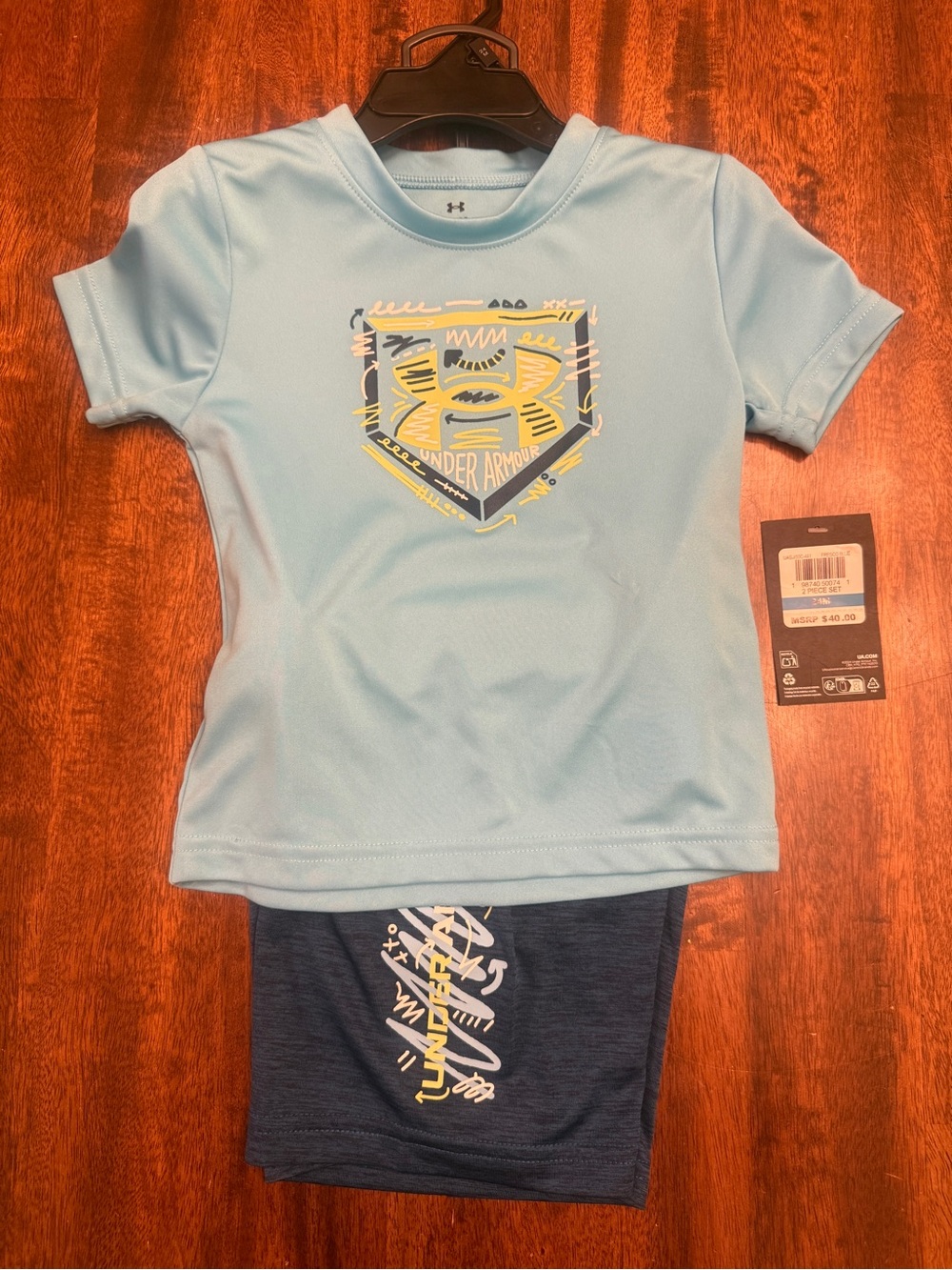 24 Month Toddler Boy Under Armour Light Blue Logo Tee & Navy Shorts Set